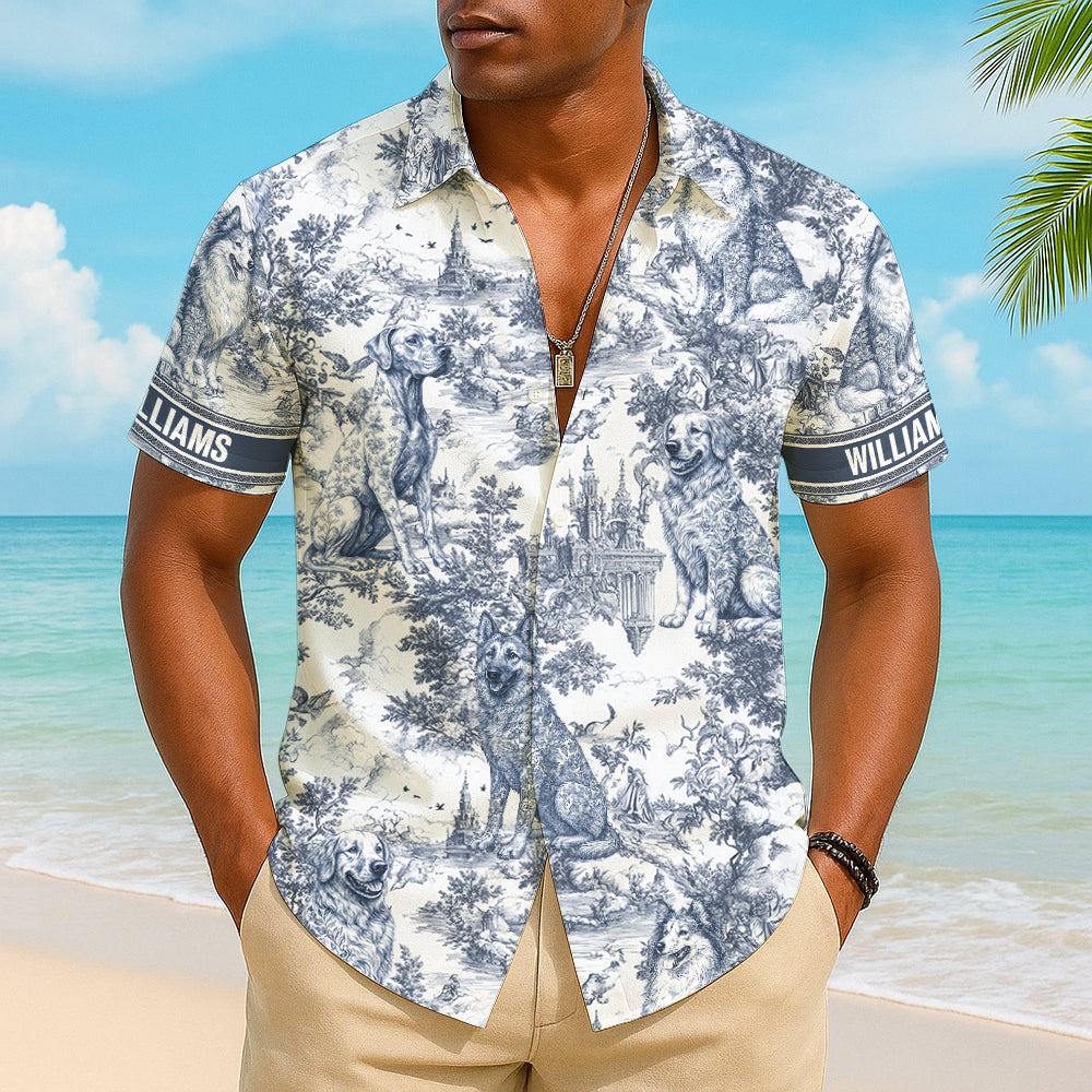 Personalized Dog Breeds Blue Toile De Jouy Pattern Hawaiian Shirt Gift For Dog Lovers Summer 2025 Hv01