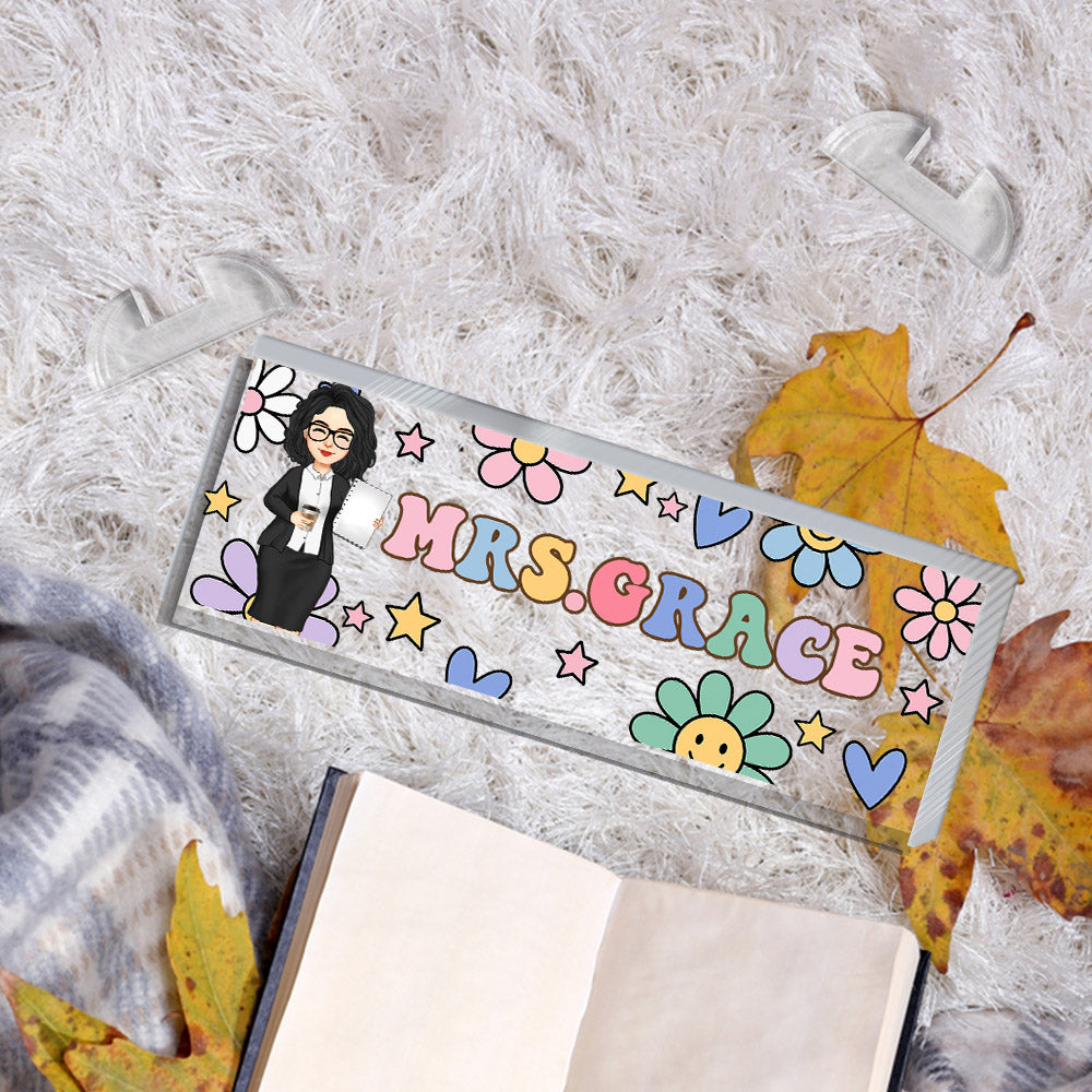 Groovy Retro Custom Teacher Name Sign, Back To School Teacher Gifts Personalized, Teacher Acrylic Desk Name Plate, Teacher Appreciation Gift Nh00