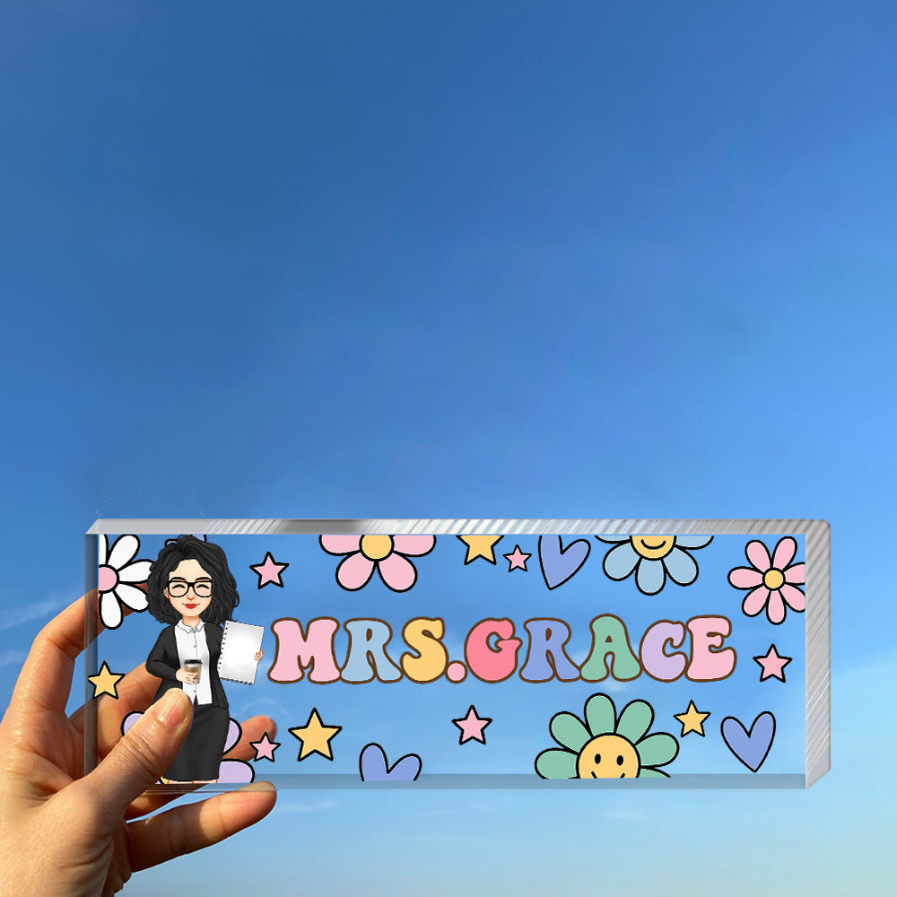 Groovy Retro Custom Teacher Name Sign, Back To School Teacher Gifts Personalized, Teacher Acrylic Desk Name Plate, Teacher Appreciation Gift Nh00