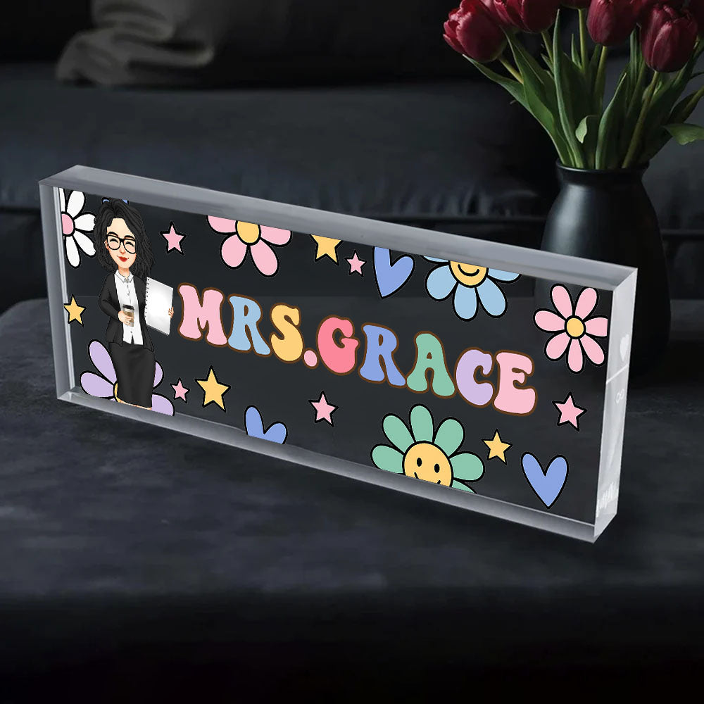 Groovy Retro Custom Teacher Name Sign, Back To School Teacher Gifts Personalized, Teacher Acrylic Desk Name Plate, Teacher Appreciation Gift Nh00