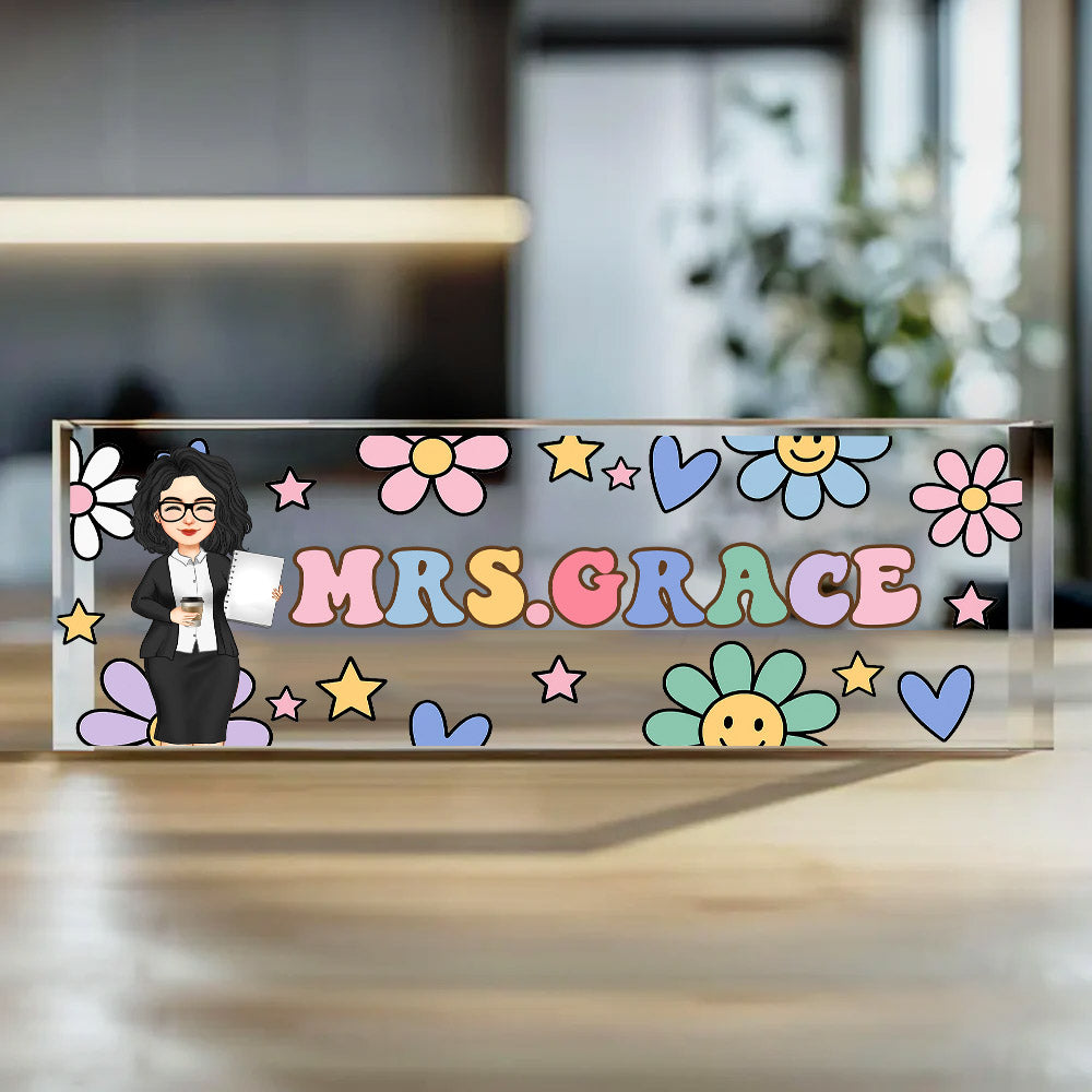 Groovy Retro Custom Teacher Name Sign, Back To School Teacher Gifts Personalized, Teacher Acrylic Desk Name Plate, Teacher Appreciation Gift Nh00