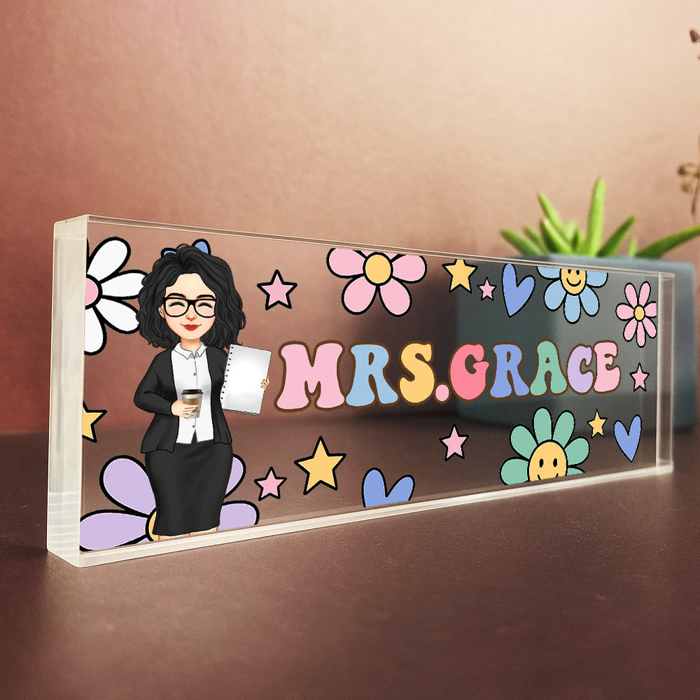 Groovy Retro Custom Teacher Name Sign, Back To School Teacher Gifts Personalized, Teacher Acrylic Desk Name Plate, Teacher Appreciation Gift Nh00