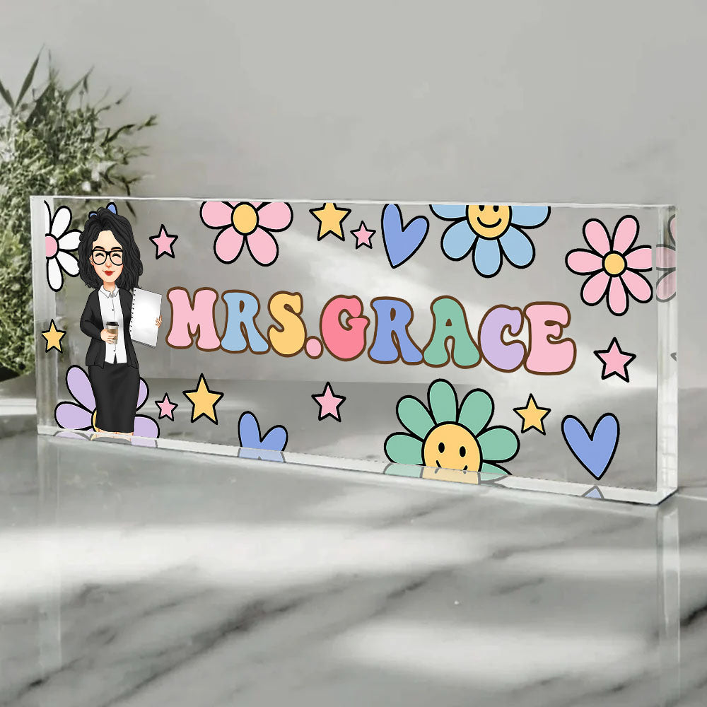 Groovy Retro Custom Teacher Name Sign, Back To School Teacher Gifts Personalized, Teacher Acrylic Desk Name Plate, Teacher Appreciation Gift Nh00