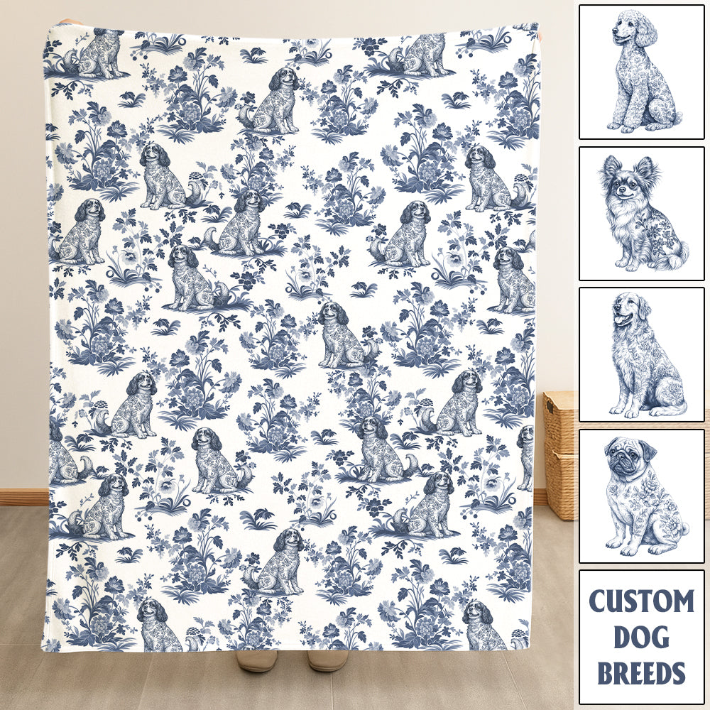 Custom Dog Breeds Toile de Jouy Blanket - Blue Toile Blanket for Dog Mom, Custom Dog Breeds Toile de Jouy Blanket Lover Gifts, Blanket Gift for Dog Lovers Hv01
