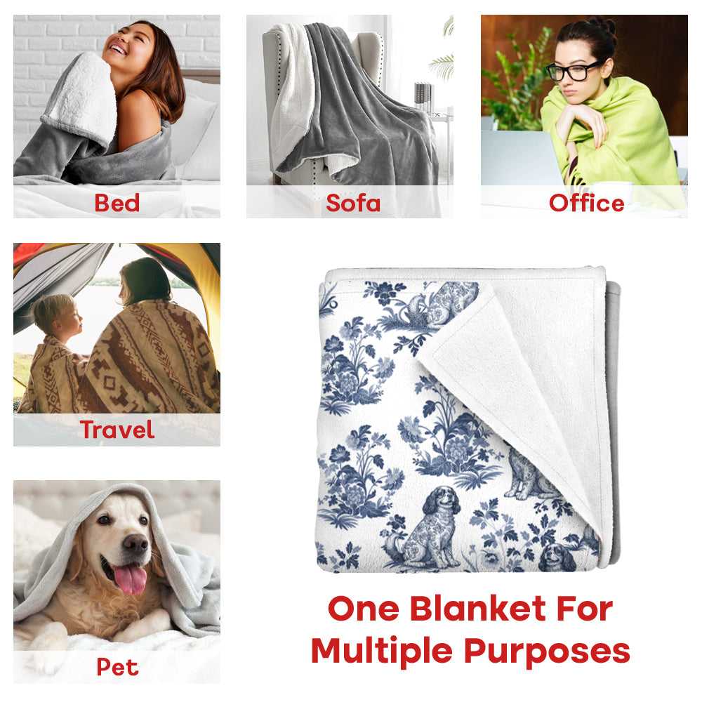 Custom Dog Breeds Toile de Jouy Blanket - Blue Toile Blanket for Dog Mom, Custom Dog Breeds Toile de Jouy Blanket Lover Gifts, Blanket Gift for Dog Lovers Hv01