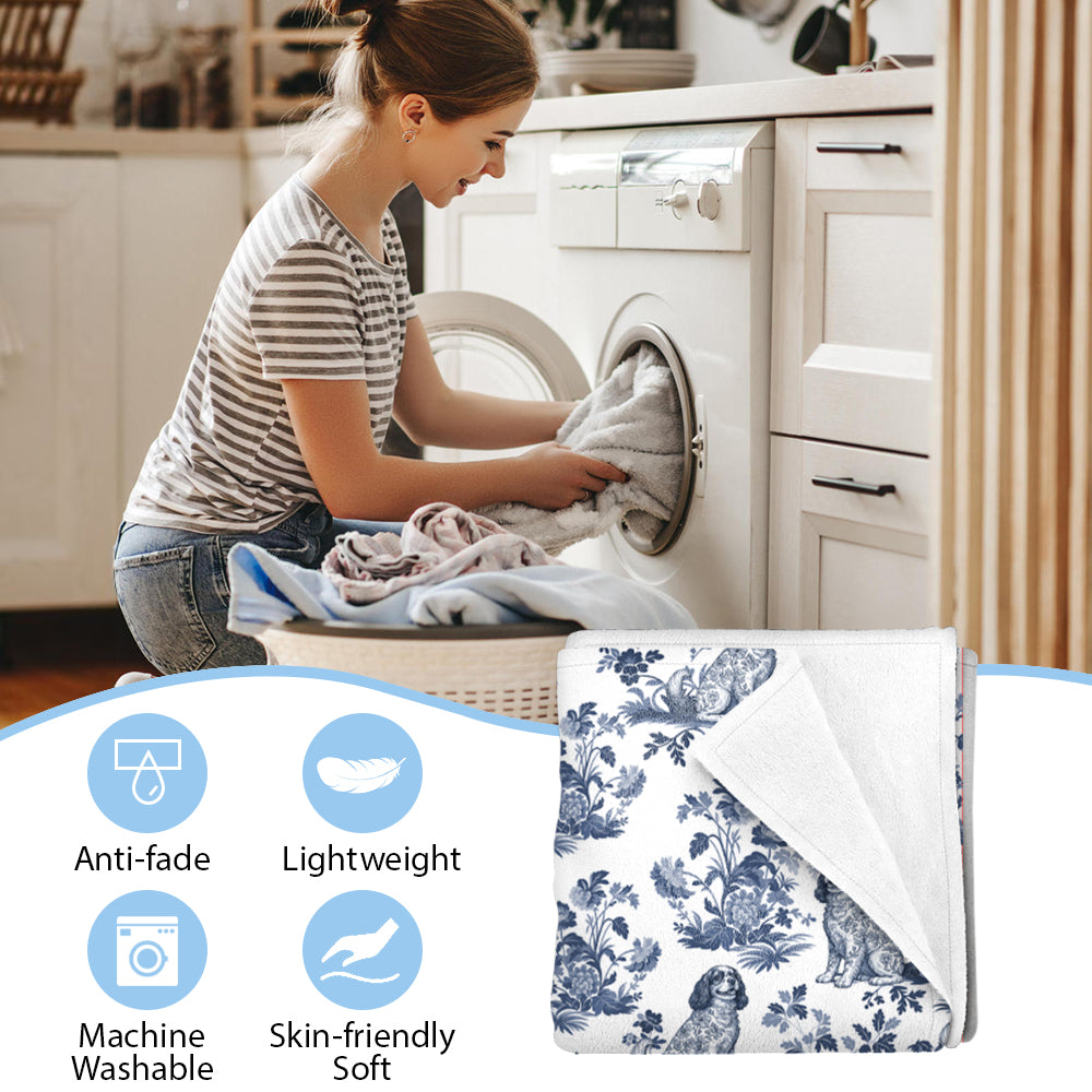 Custom Dog Breeds Toile de Jouy Blanket - Blue Toile Blanket for Dog Mom, Custom Dog Breeds Toile de Jouy Blanket Lover Gifts, Blanket Gift for Dog Lovers Hv01
