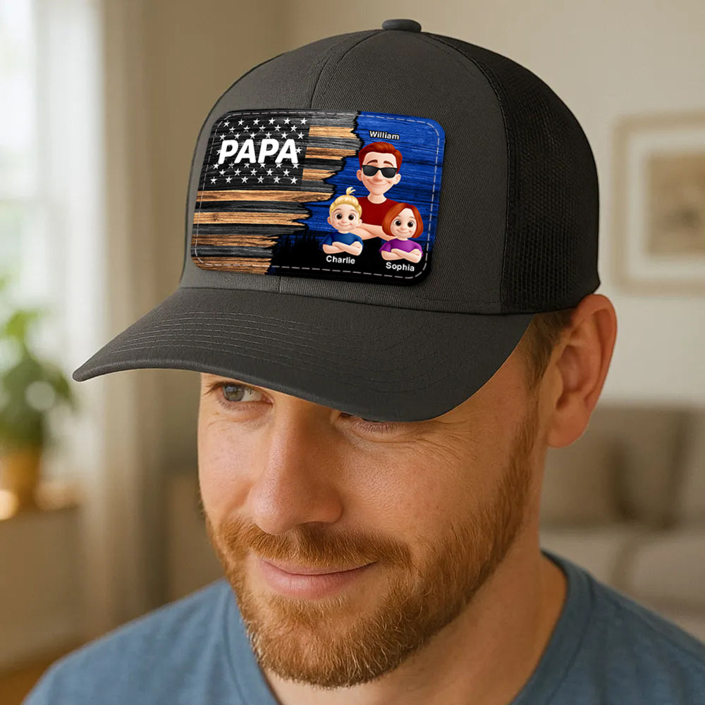 Dad Grandpa Papa With Kids Half Nation Flag Personalized Leather Patch Hat, Father's Day Gift For Dad T1807 Hv01