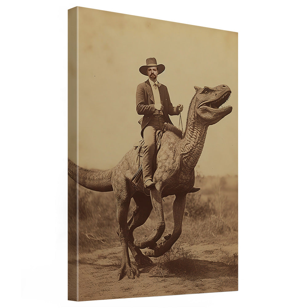 Custom Cowboy Riding Dinosaur Canvas – Vintage 19th Century Poster Canvas Print