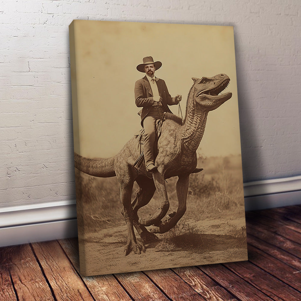 Custom Cowboy Riding Dinosaur Canvas – Vintage 19th Century Poster Canvas Print