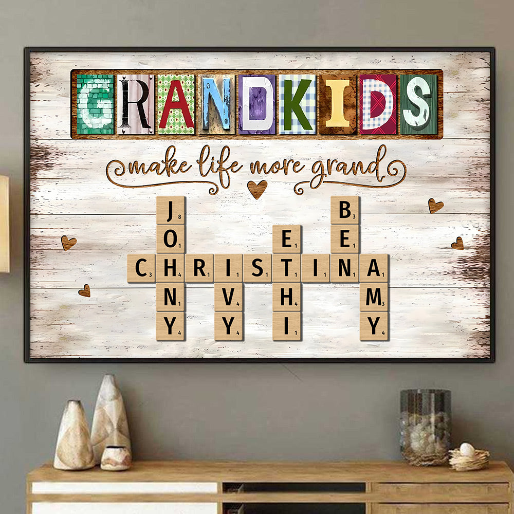 Personalized Grandkids Make Life More Grand Crossword Puzzle Canvas, Gift for Grandma, Nana, Grandparent A2110 Do99
