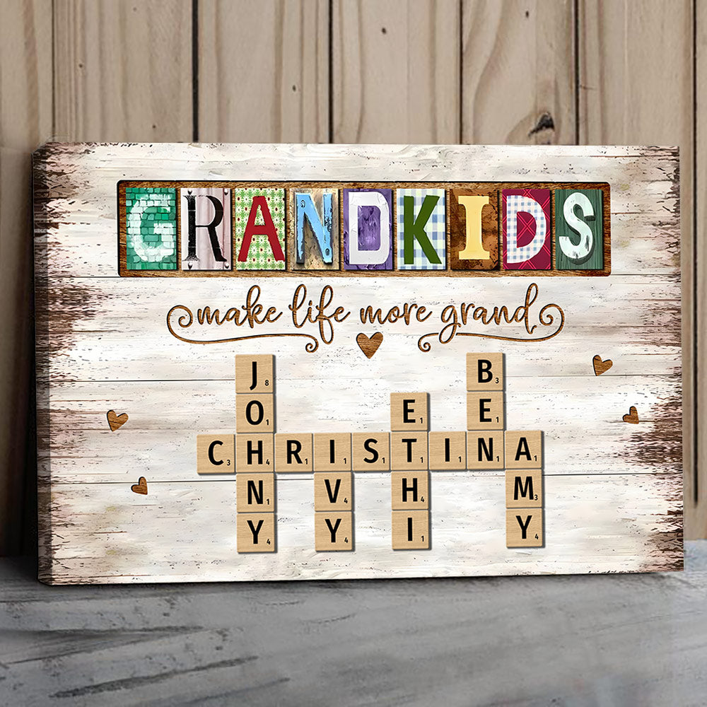 Personalized Grandkids Make Life More Grand Crossword Puzzle Canvas, Gift for Grandma, Nana, Grandparent A2110 Do99