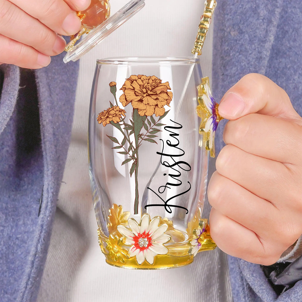 Birth Flower Enamel Flower Tea Cup With Name - Personalized Enamel Flower Tea Cup Tu20