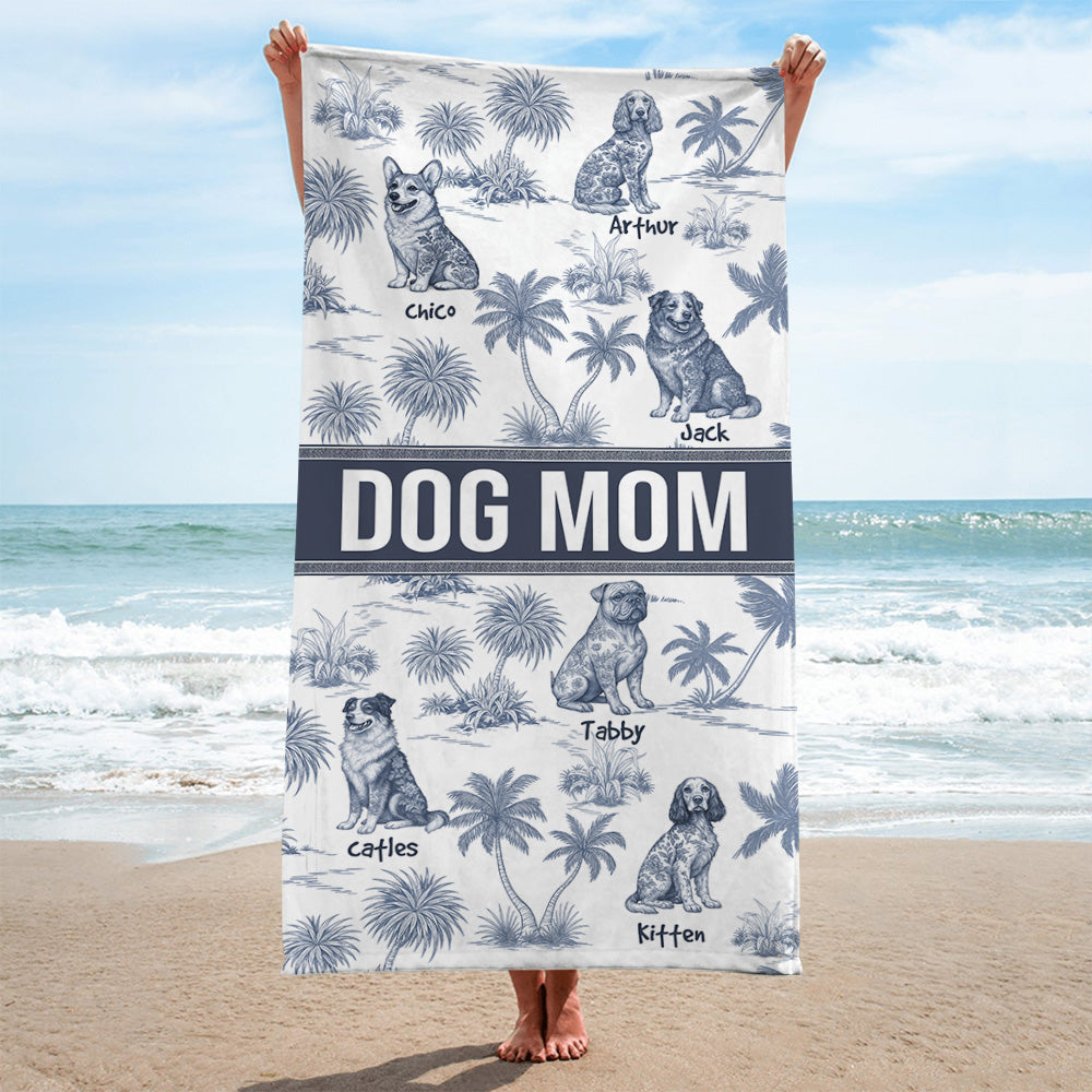 Personalized Beach Towel, Custom Dog with Chinoiserie Toile De Jouy Style, Gift for Summer Vacation A2110 Tu20