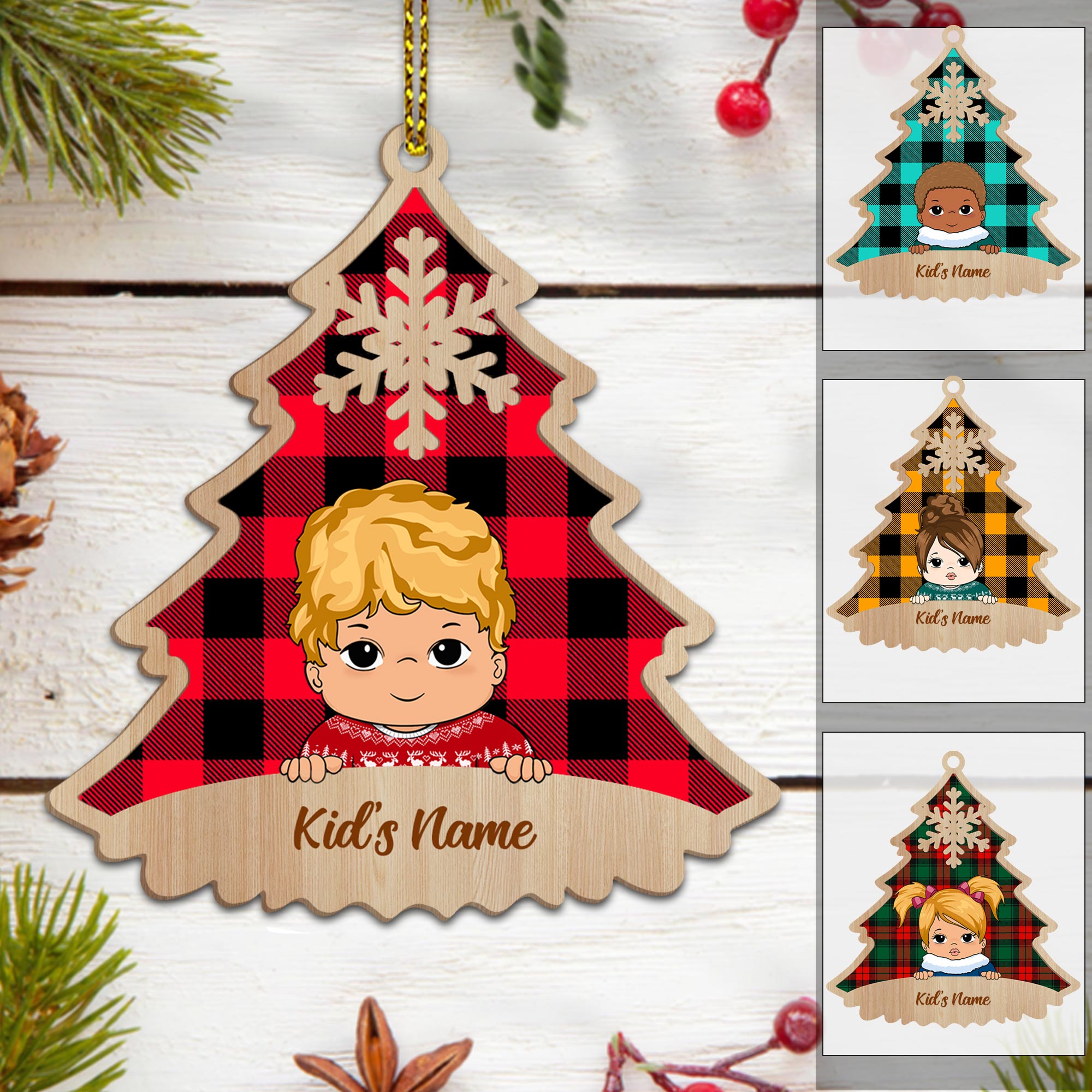 Kid Christmas Tree Personalized Shaped Wood Ornament For Kid From Family Member, HN98, TRNA
