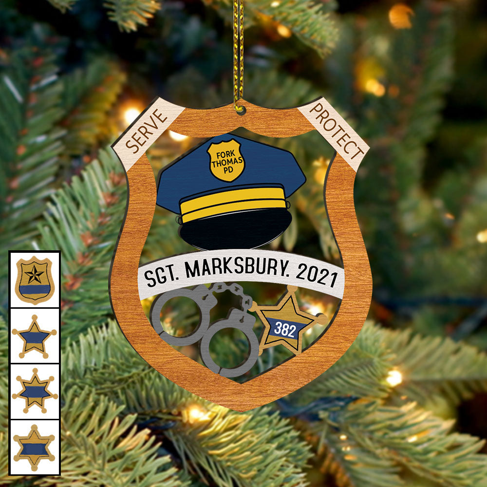 Personalized Police Christmas Ornament-Wood, name, year, rank, badge number, department Laser Cut Gift For Xmas TRHN, Made By Wood And One Side Print