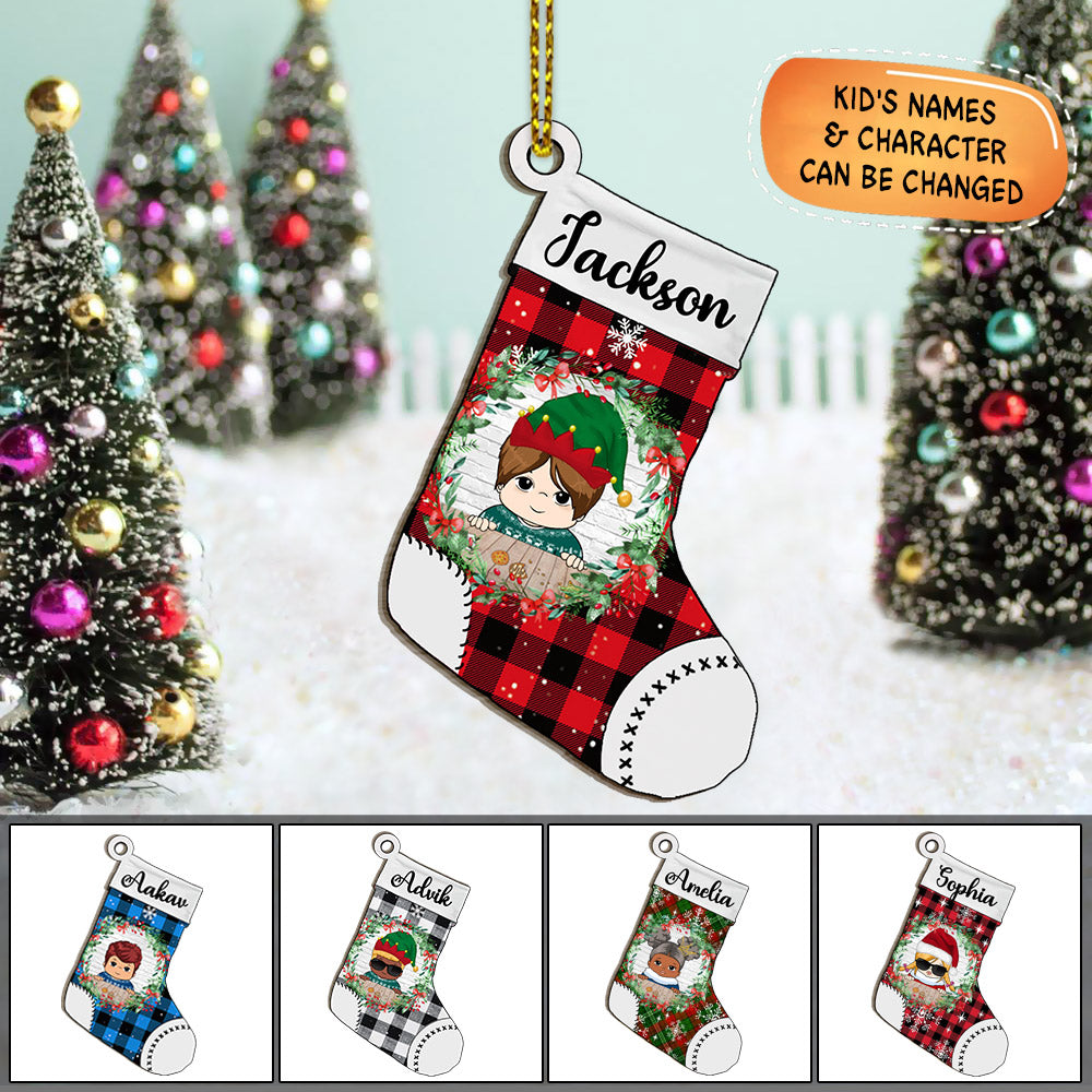 Kid Stocking Plaid Pattern Personalized Shaped Ornament For Kid From Family Member