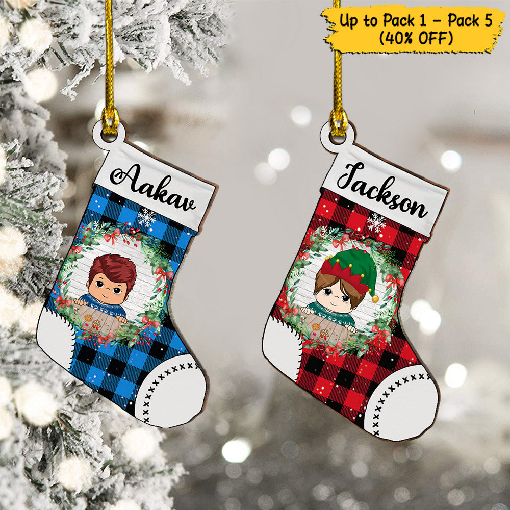Kid Stocking Plaid Pattern Personalized Shaped Ornament For Kid From Family Member