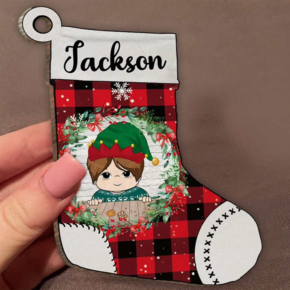 Kid Stocking Plaid Pattern Personalized Shaped Ornament For Kid From Family Member