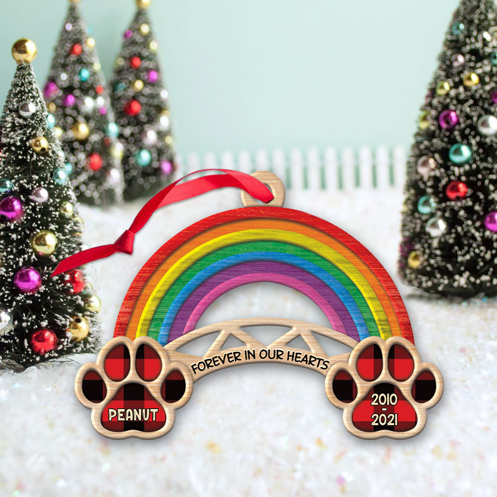 Forever In Our Hearts, Personalized Cut Shaped Wood Ornament, Rainbow Bridge Ornament Christmas, Dog Lovers, DO99, Made By Wood And One Side Print