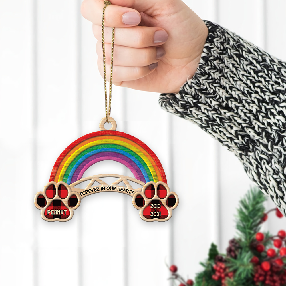 Forever In Our Hearts, Personalized Cut Shaped Wood Ornament, Rainbow Bridge Ornament Christmas, Dog Lovers, DO99, Made By Wood And One Side Print