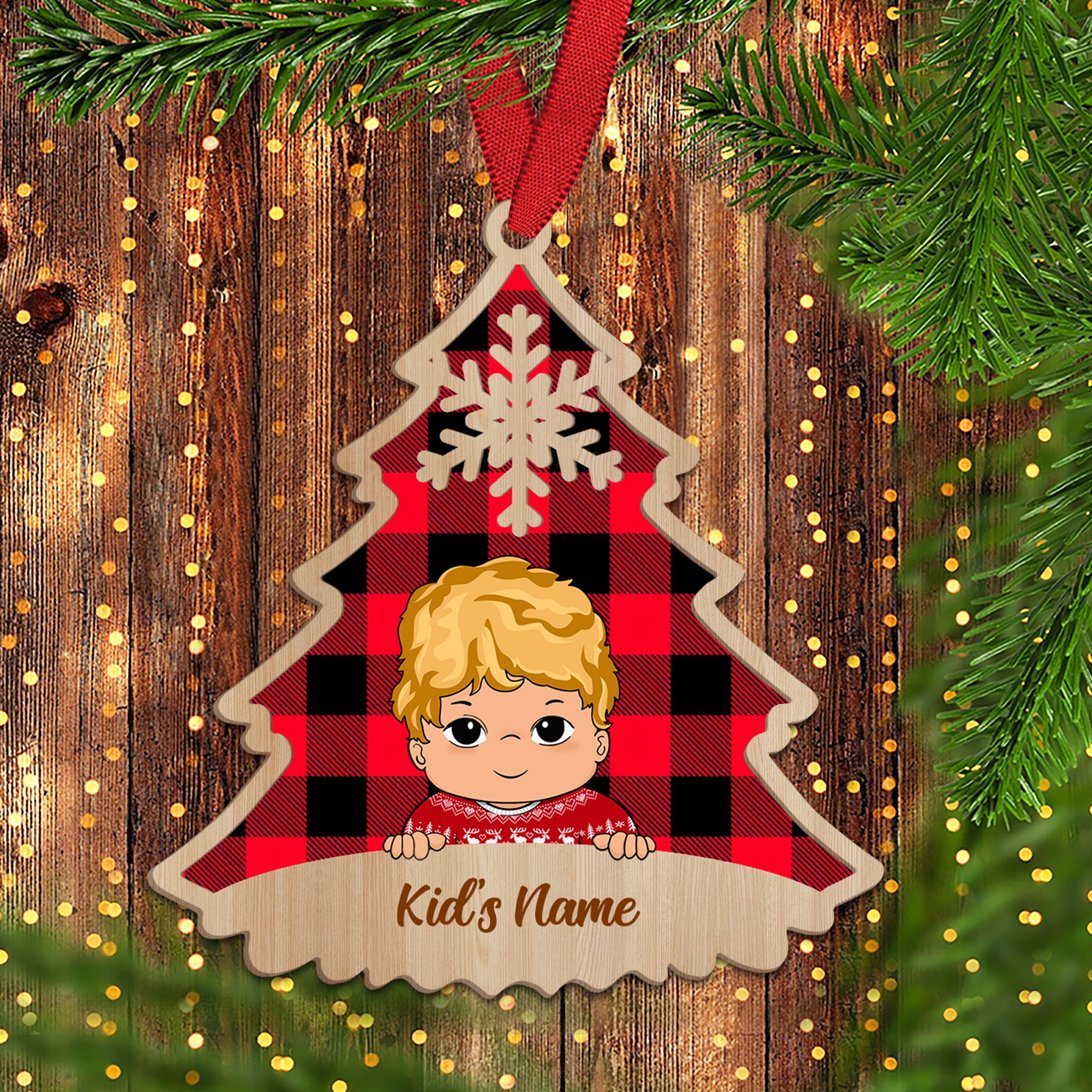 Kid Christmas Tree Personalized Shaped Wood Ornament For Kid From Family Member, HN98, TRNA
