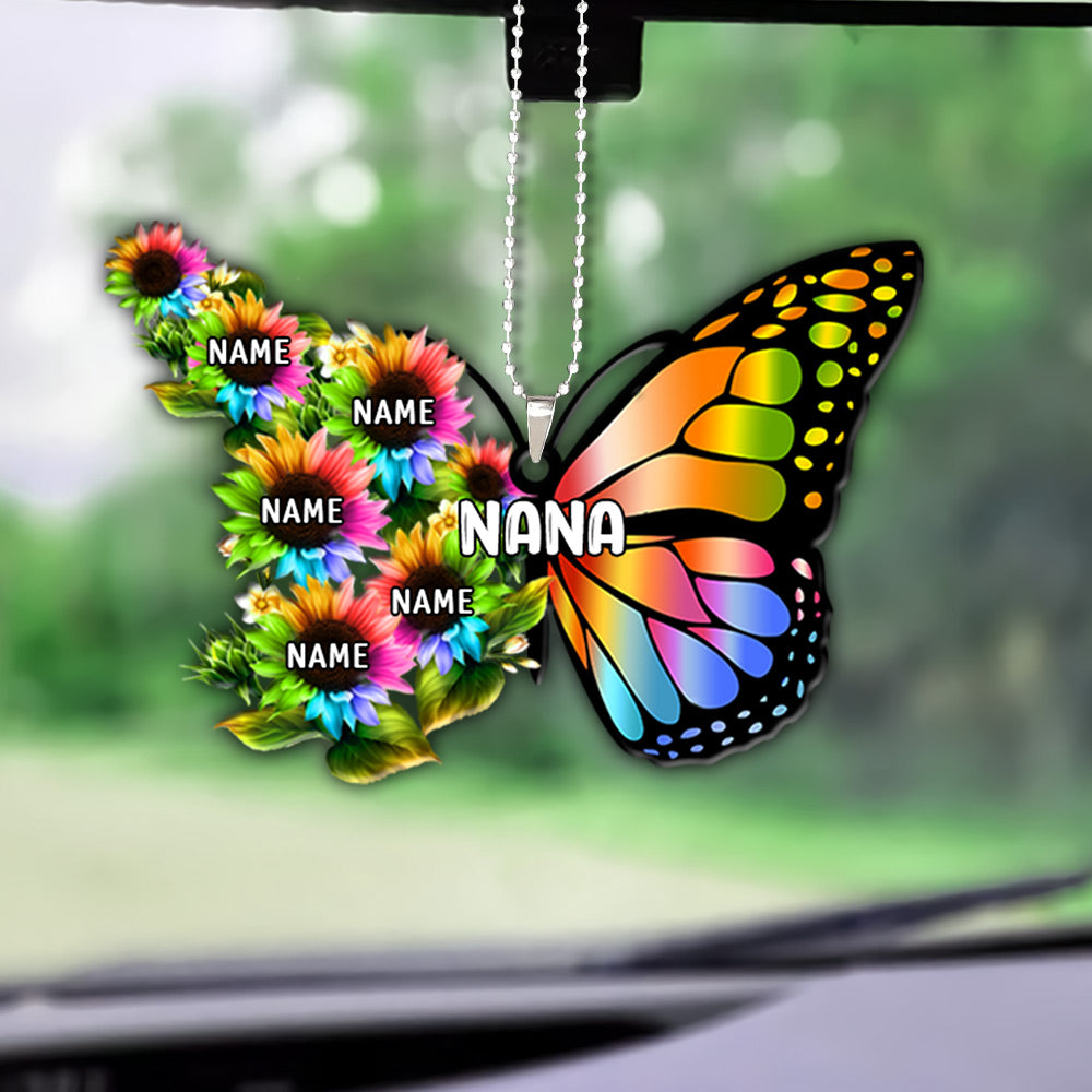 Grandma Colorful Butterfly With Sunflower Flat Acrylic Personalized Car Ornament For Grandma, 2 sides are the same, HN98, DO99