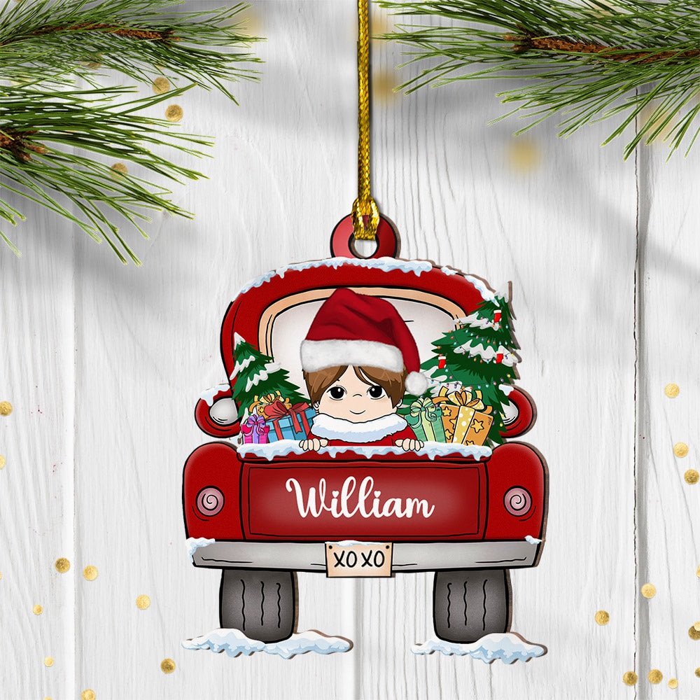 Kid With Love Truck Winter Christmas Personalized Christmas Shaped Ornament For Kid, Gift From Family Member