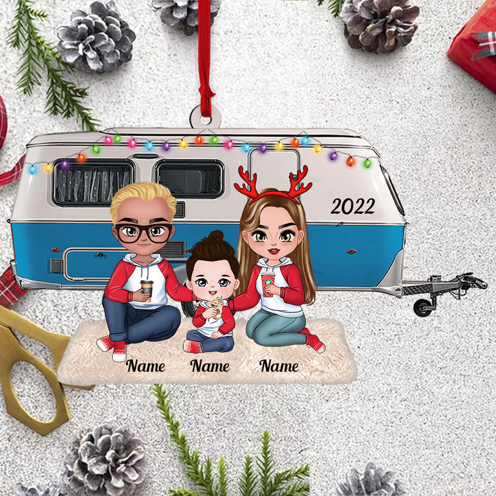 Personalized Young Family Camping With Caravan Camper Christmas Acrylic Ornament