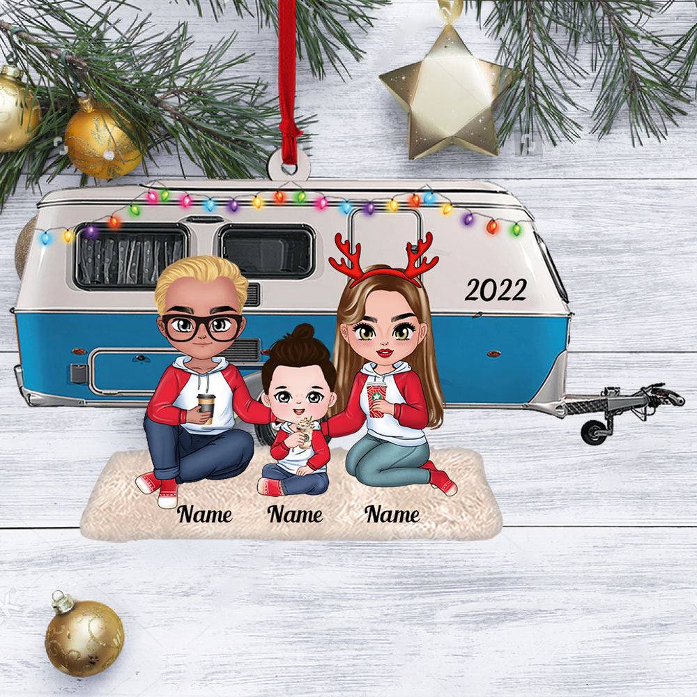 Personalized Young Family Camping With Caravan Camper Christmas Acrylic Ornament