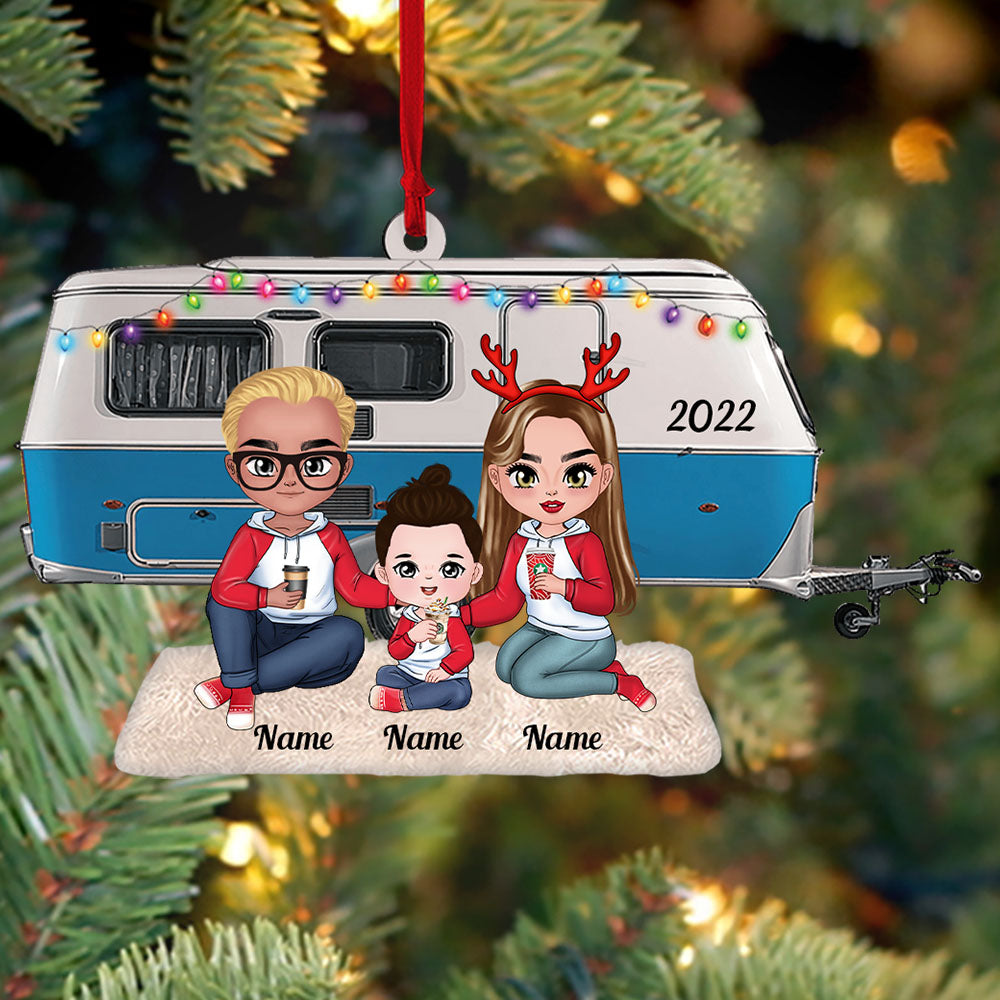 Personalized Young Family Camping With Caravan Camper Christmas Acrylic Ornament