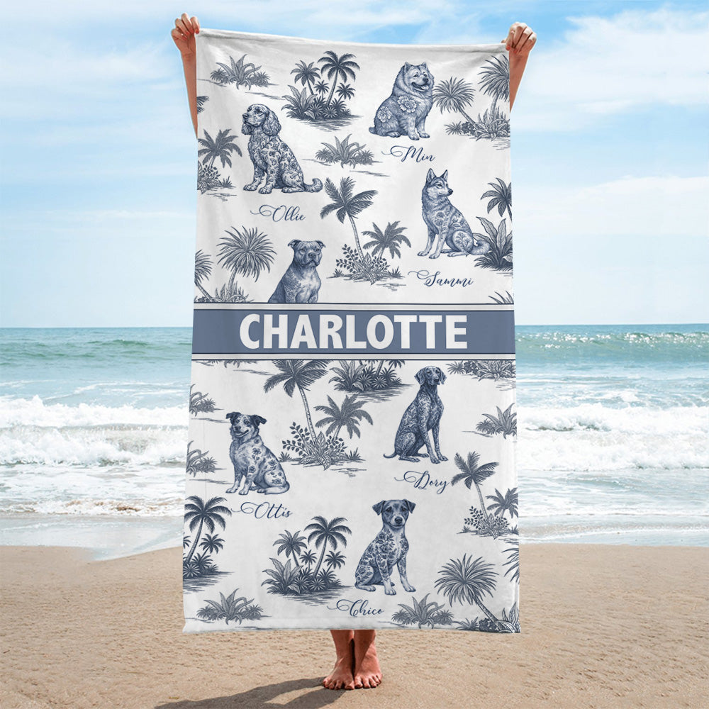 Custom Dog Toile De Jouy Style, Personalized Beach Towel, Summer Vacation Gift T1807 Pt99