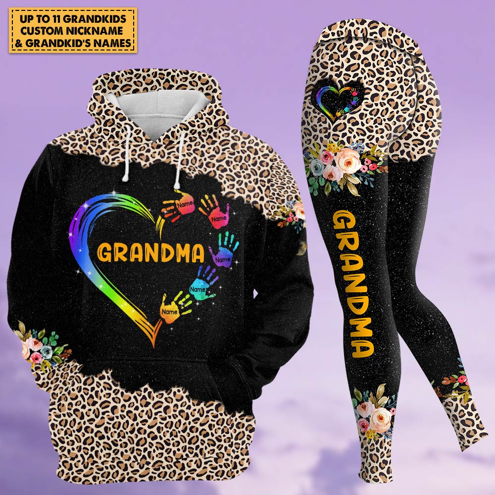 Grandma Mom Heart Hand Leopard Pattern Personalized All Over Print, 3D Hoodie, Tank Top and Legging Set For Grandma