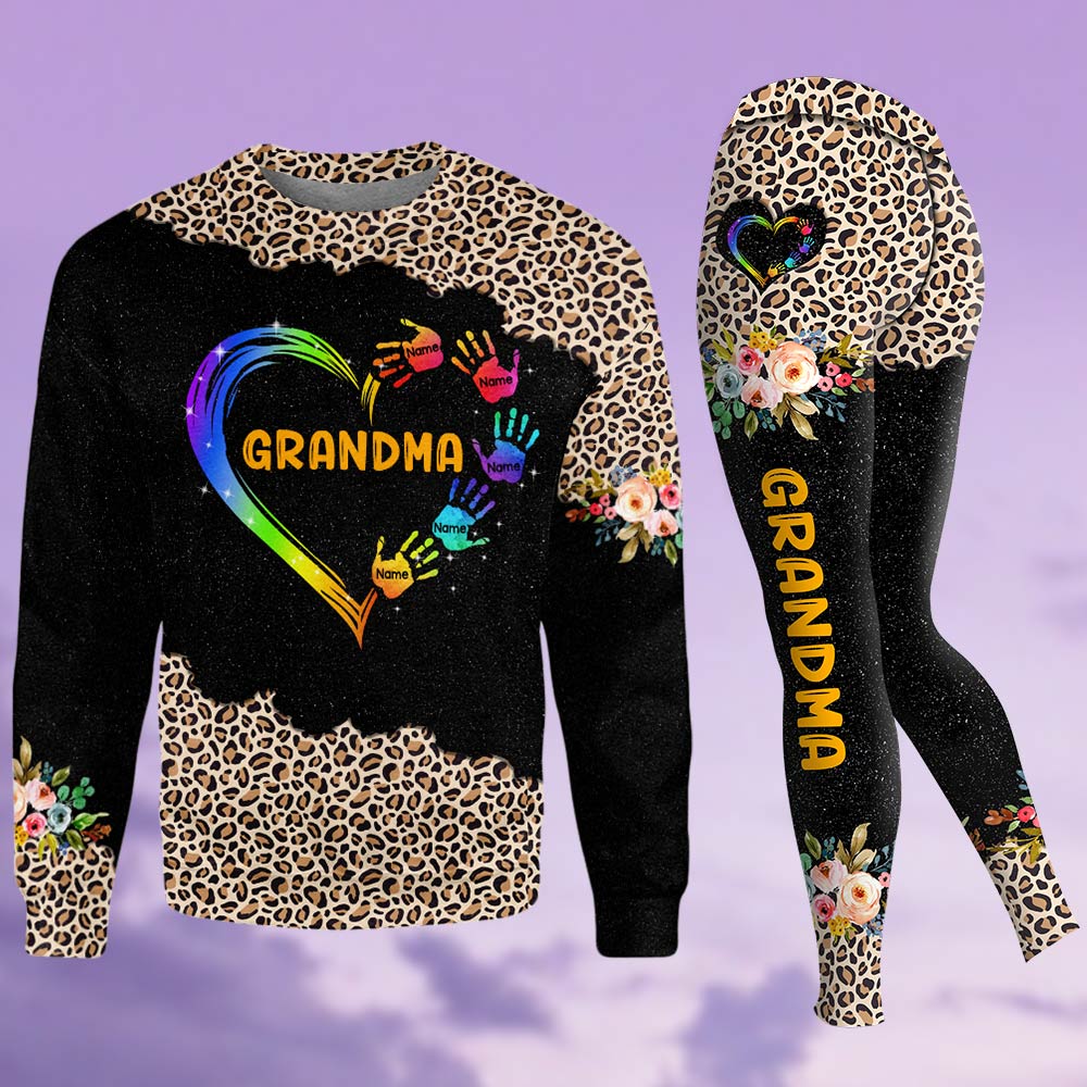 Grandma Mom Heart Hand Leopard Pattern Personalized All Over Print, 3D Hoodie, Tank Top and Legging Set For Grandma