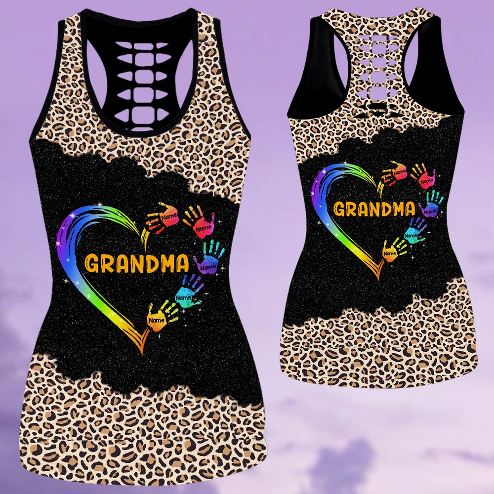 Grandma Mom Heart Hand Leopard Pattern Personalized All Over Print, 3D Hoodie, Tank Top and Legging Set For Grandma