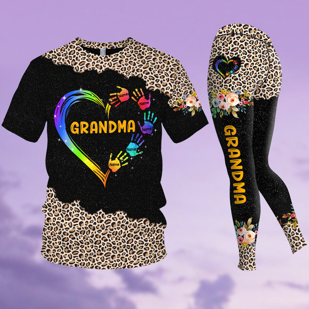 Grandma Mom Heart Hand Leopard Pattern Personalized All Over Print, 3D Hoodie, Tank Top and Legging Set For Grandma