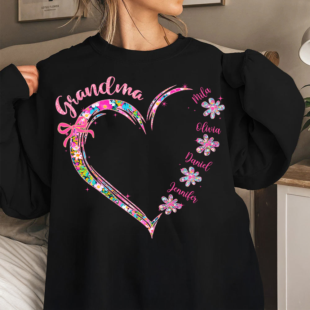 Grandma Heart Glitter Shirt - Custom Flower Shirt For Nana Mimi Gigi - Personalized Kid Names NA04 Tu20
