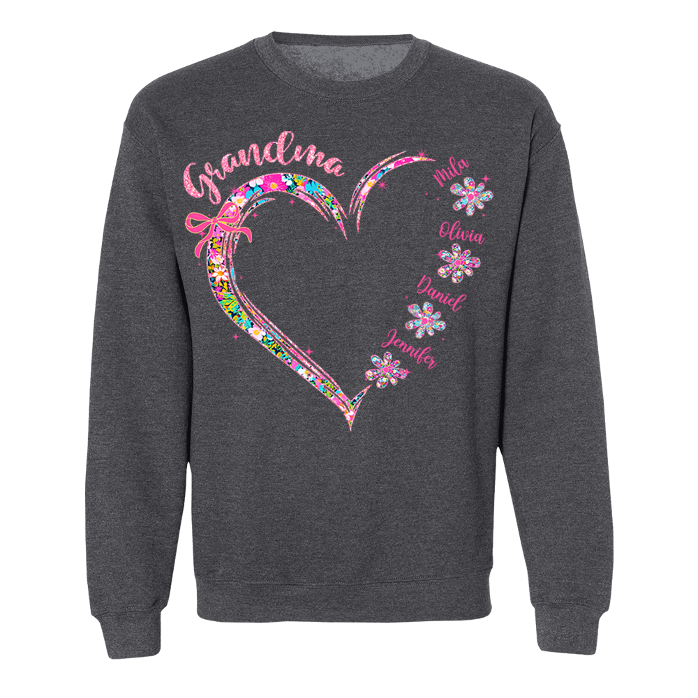 Grandma Heart Glitter Shirt - Custom Flower Shirt For Nana Mimi Gigi - Personalized Kid Names NA04 Tu20