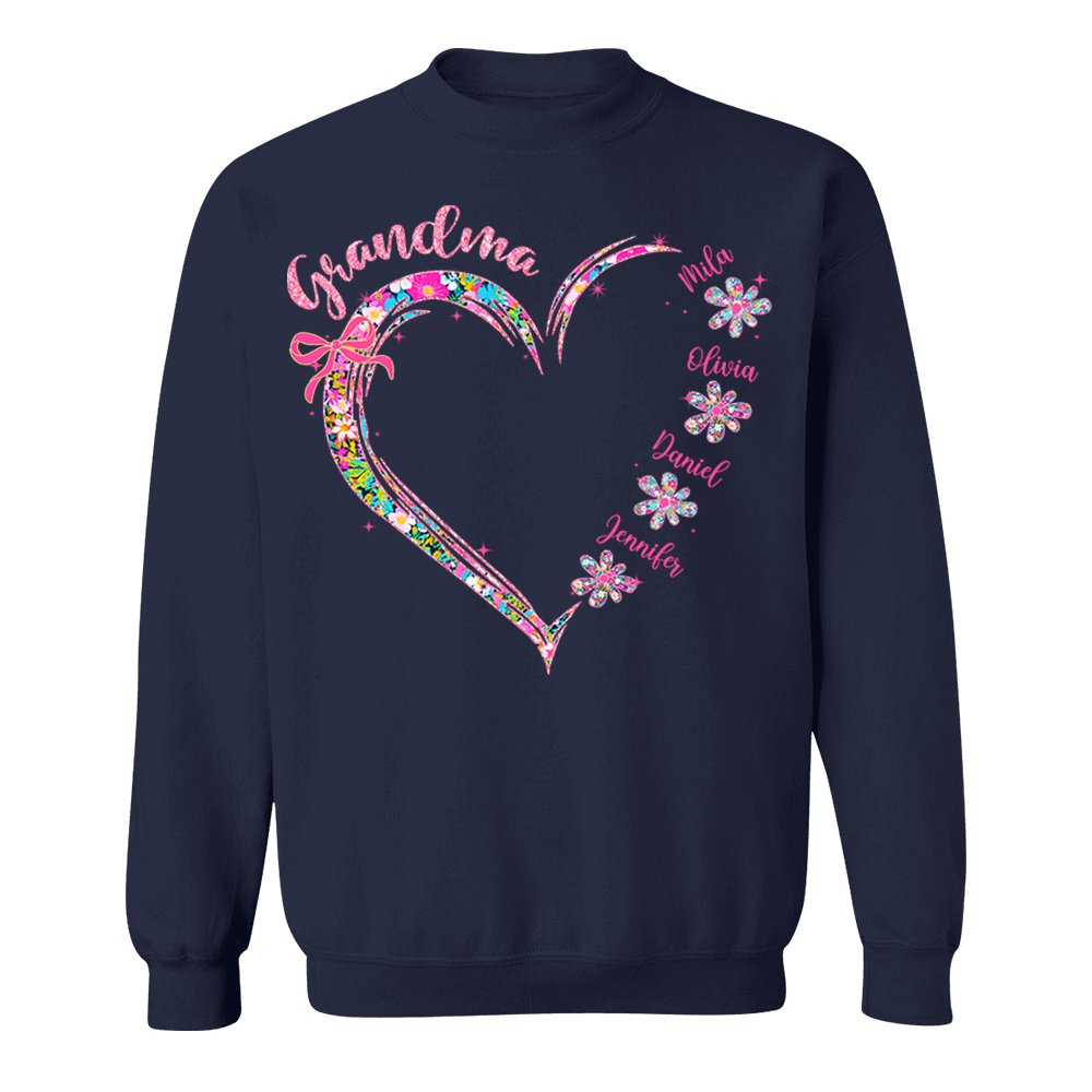 Grandma Heart Glitter Shirt - Custom Flower Shirt For Nana Mimi Gigi - Personalized Kid Names NA04 Tu20