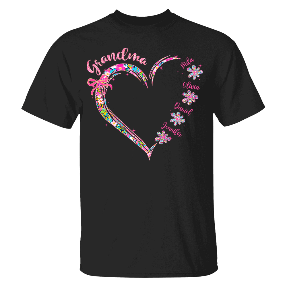 Grandma Heart Glitter Shirt - Custom Flower Shirt For Nana Mimi Gigi - Personalized Kid Names NA04 Tu20