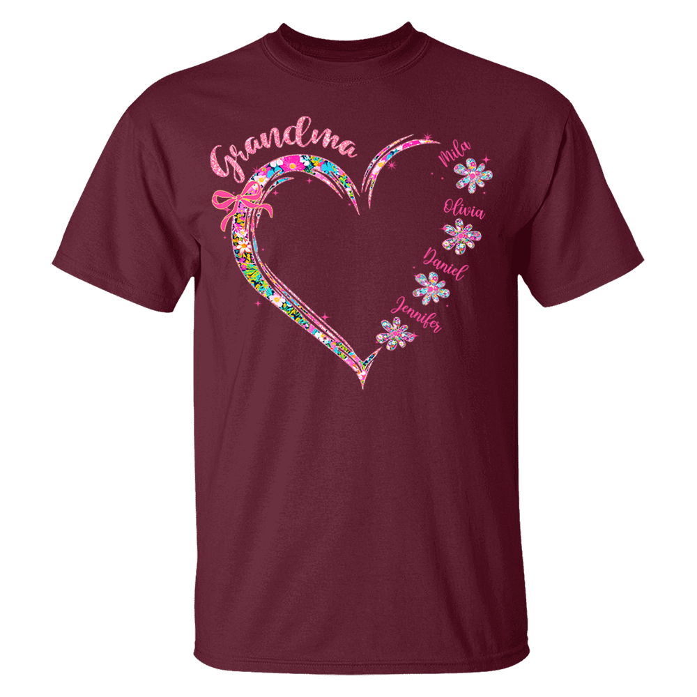 Grandma Heart Glitter Shirt - Custom Flower Shirt For Nana Mimi Gigi - Personalized Kid Names NA04 Tu20