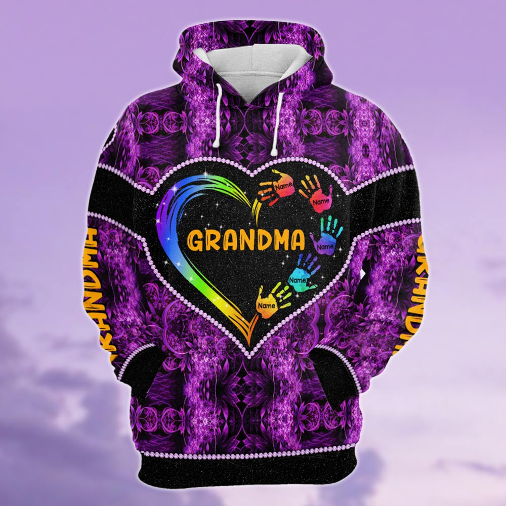 Grandma Heart And Grandkids Hands Personalized All Over Print Shirt, 3D Hoodie, Tank Top and Legging Set For Grandma Do99 Hn98