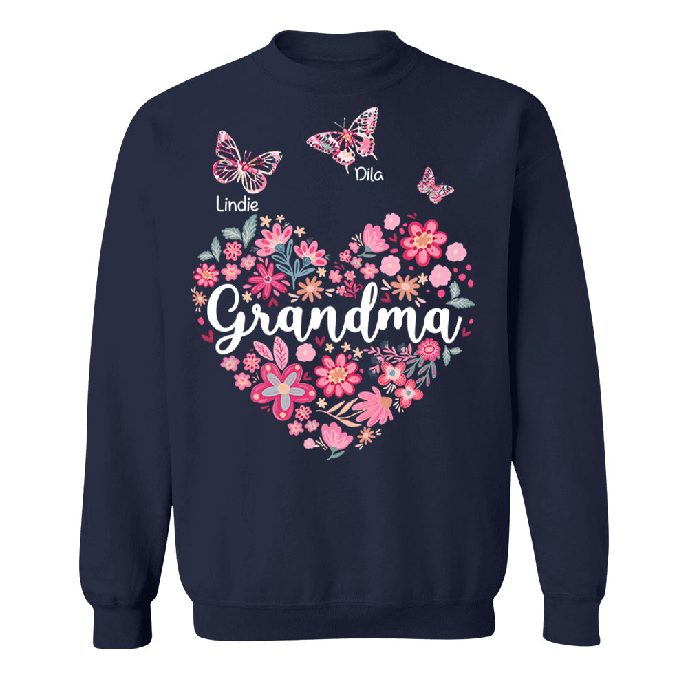Grandma Flower Heart - Personalized Cute Pink Flower For Nana Gigi - Custom Kids Names NA04 Hv01