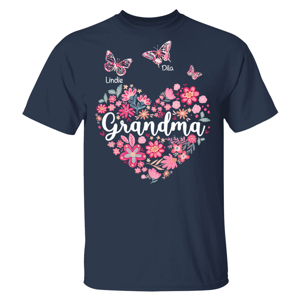 Grandma Flower Heart - Personalized Cute Pink Flower For Nana Gigi - Custom Kids Names NA04 Hv01