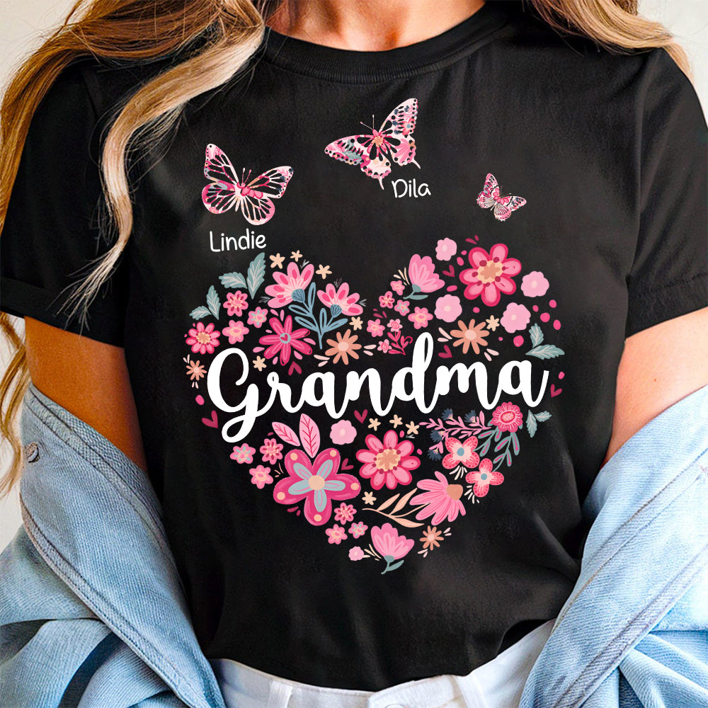 Grandma Flower Heart - Personalized Cute Pink Flower For Nana Gigi - Custom Kids Names NA04 Hv01
