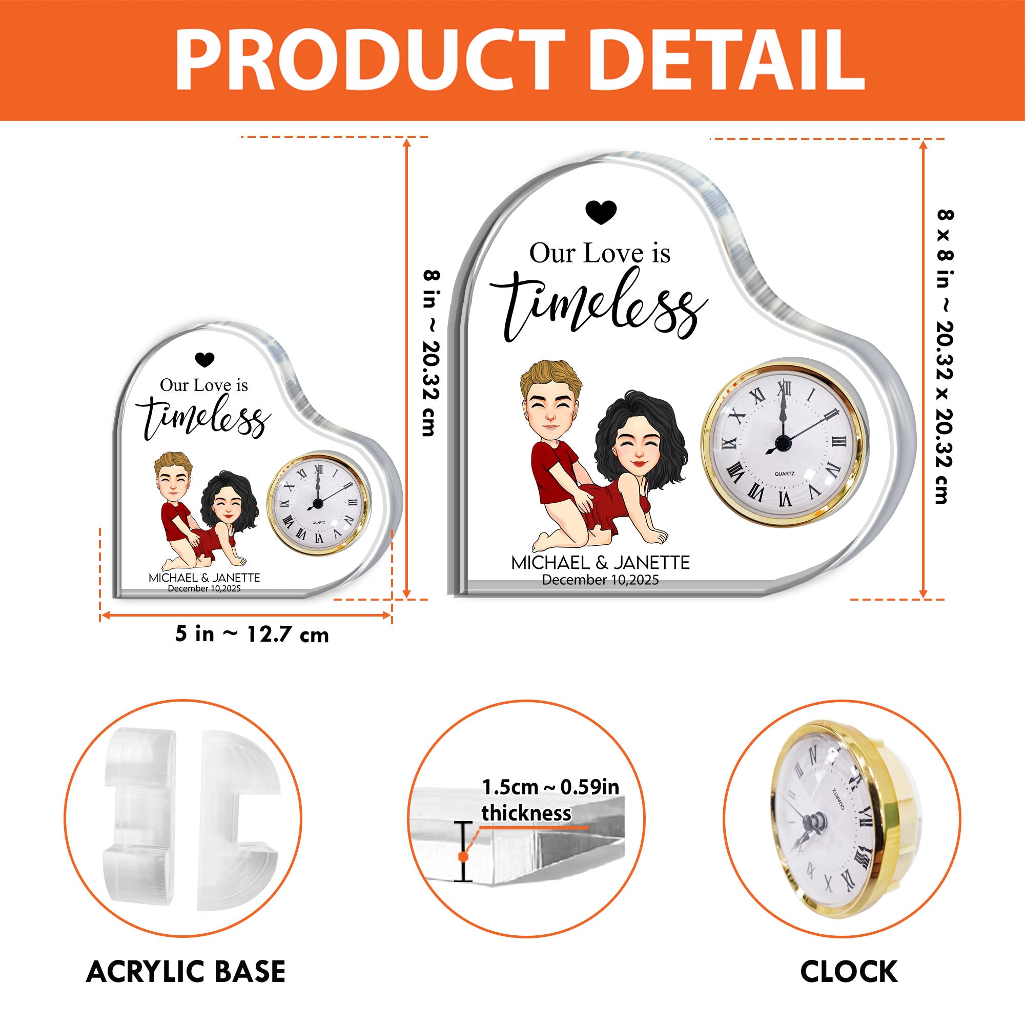 Anniversary Engraved Heart Clock -  Personalized Acrylic Desk Clock Plaque For Couple Nh00