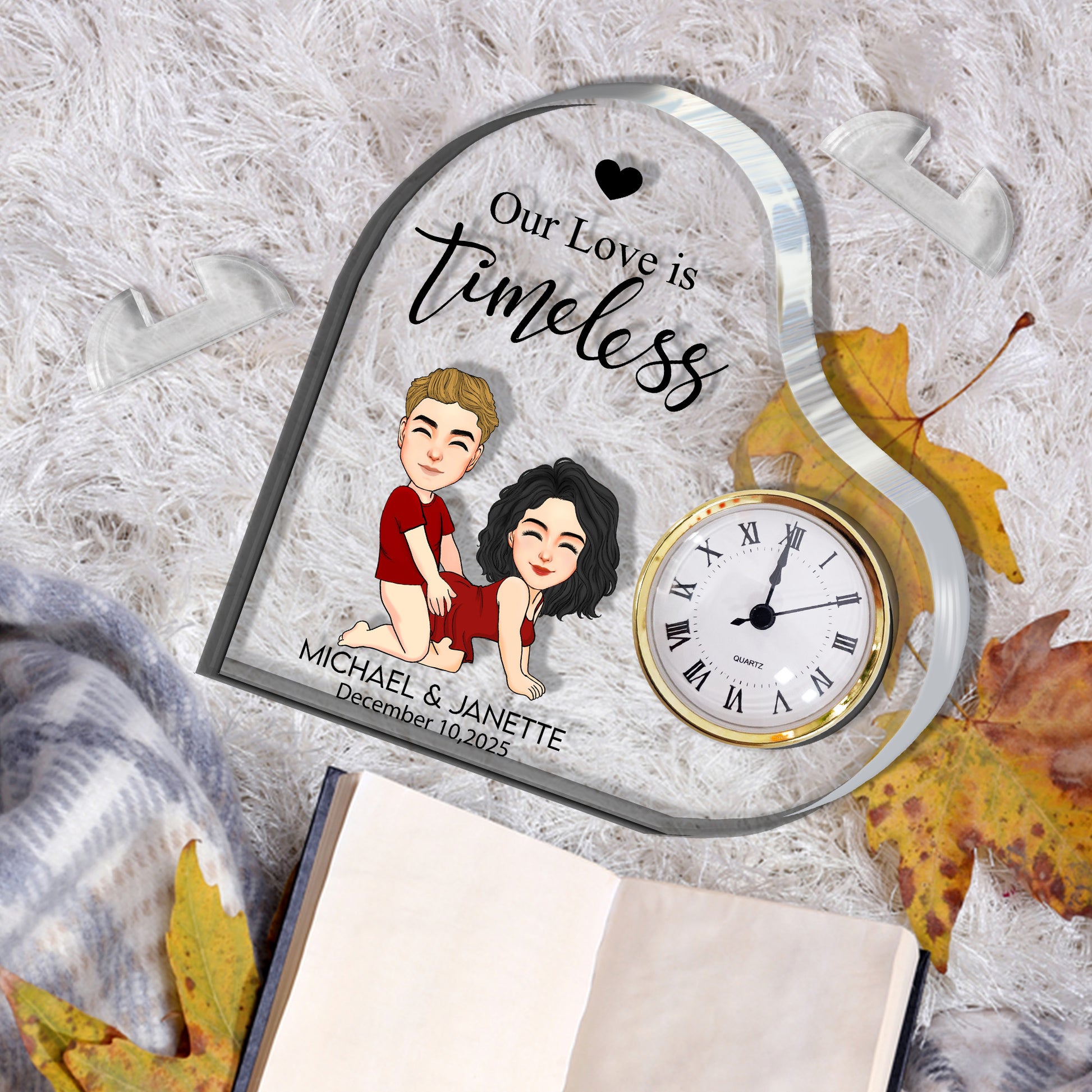 Anniversary Engraved Heart Clock -  Personalized Acrylic Desk Clock Plaque For Couple Nh00