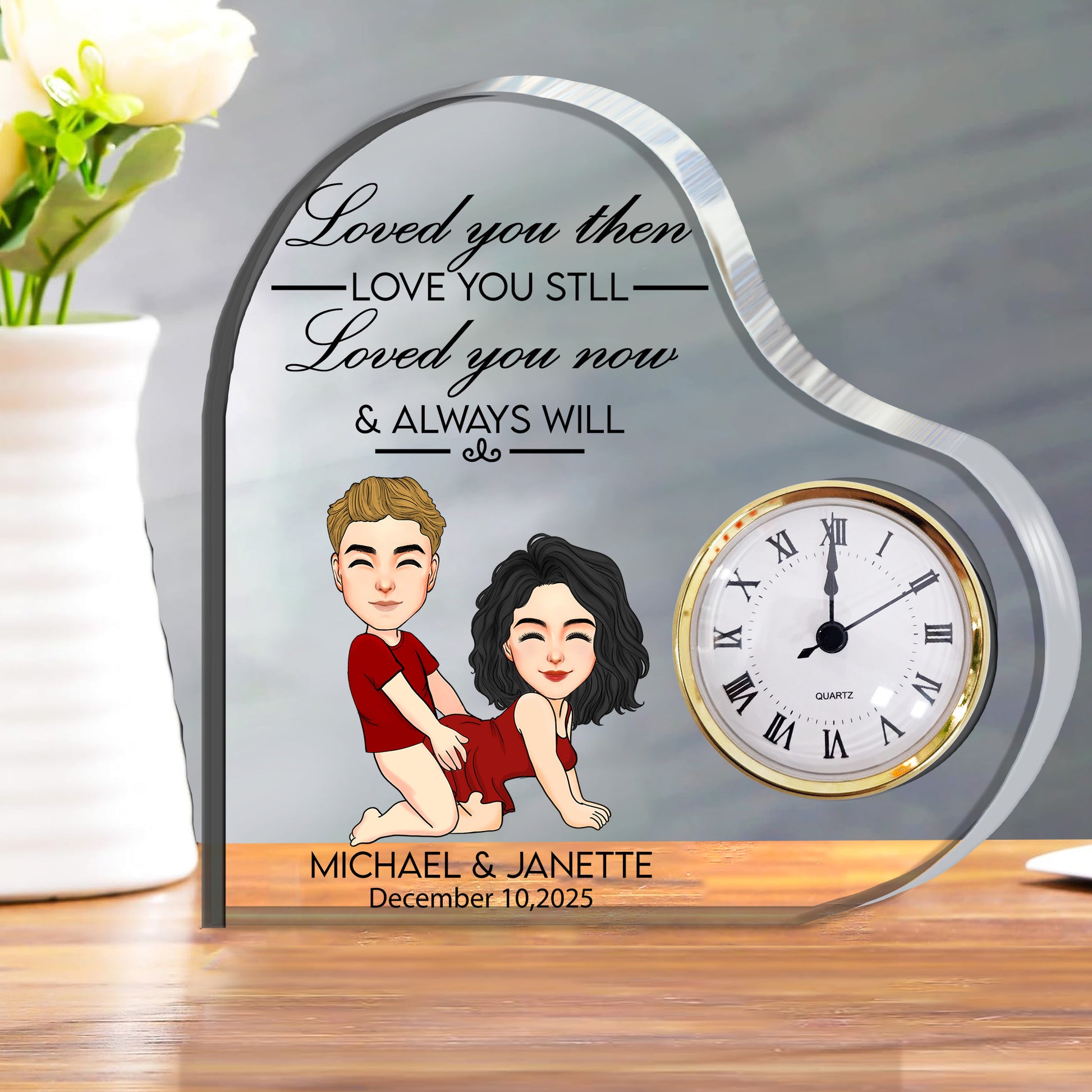 Anniversary Engraved Heart Clock -  Personalized Acrylic Desk Clock Plaque For Couple Nh00