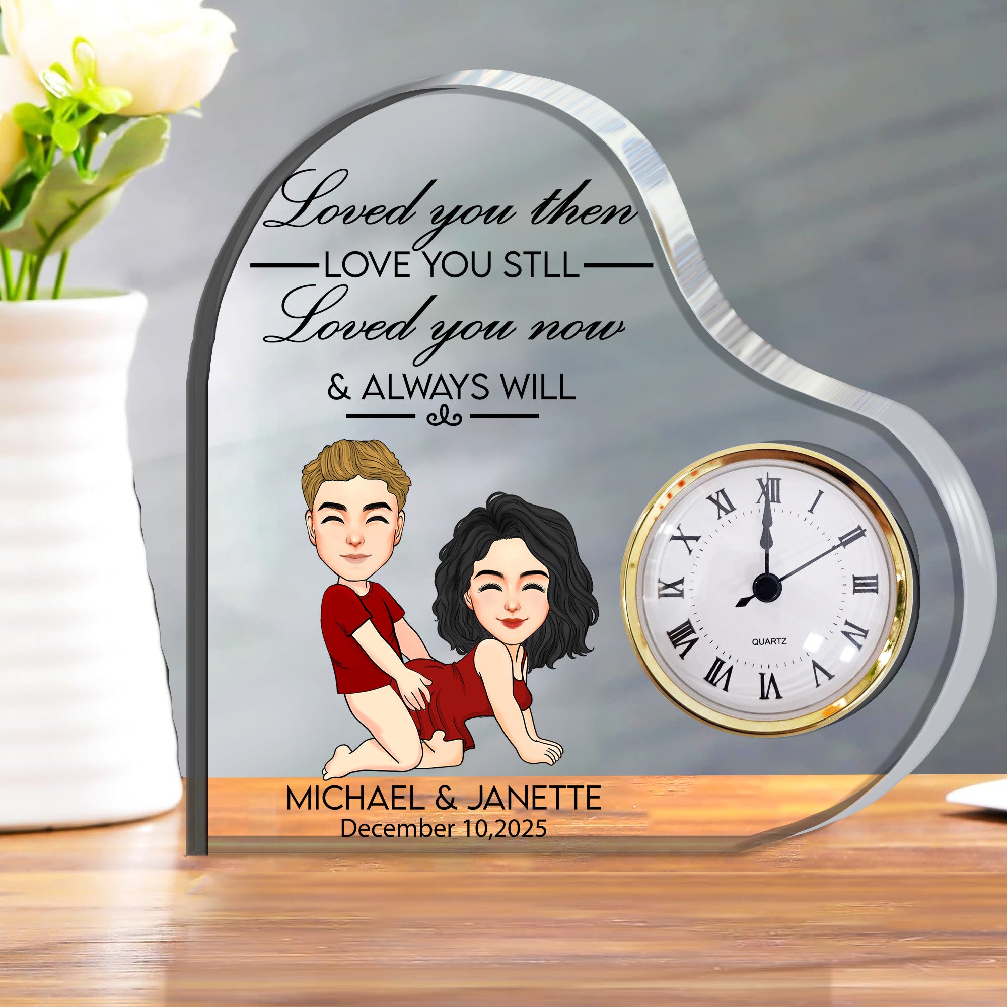 Anniversary Engraved Heart Clock -  Personalized Acrylic Desk Clock Plaque For Couple Nh00