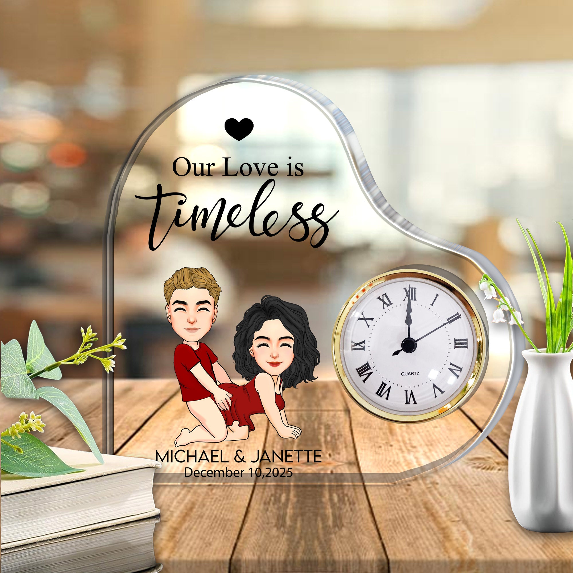 Anniversary Engraved Heart Clock -  Personalized Acrylic Desk Clock Plaque For Couple Nh00