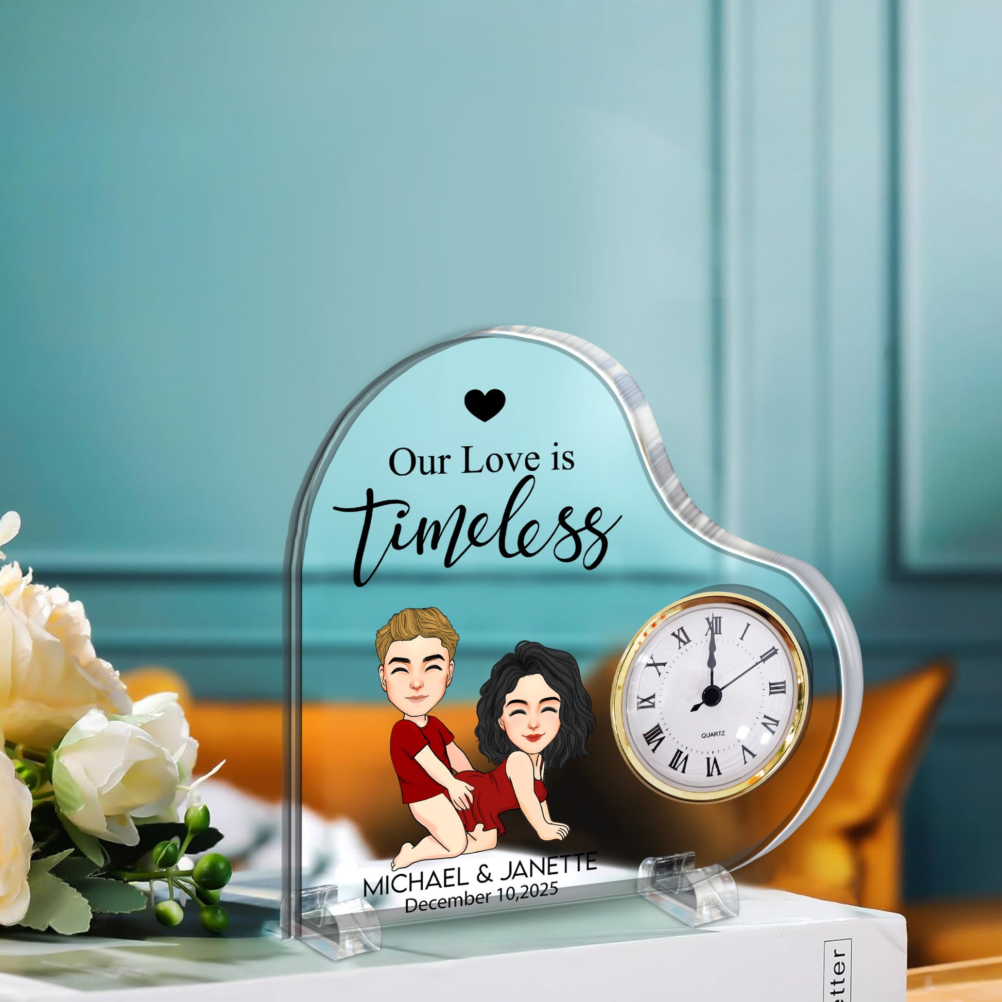 Anniversary Engraved Heart Clock -  Personalized Acrylic Desk Clock Plaque For Couple Nh00